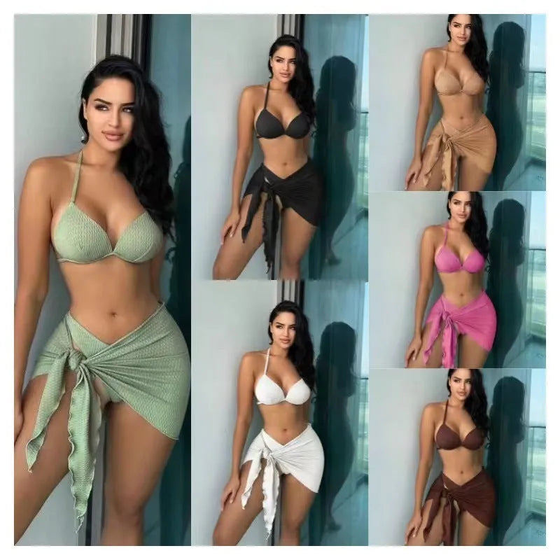 Women's three piece swimsuit set with Russian split style and matching skirt in solid colour