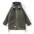 Men's hooded down jacket in apricot, loose medium-length cut, white duck down filling, front zipper
