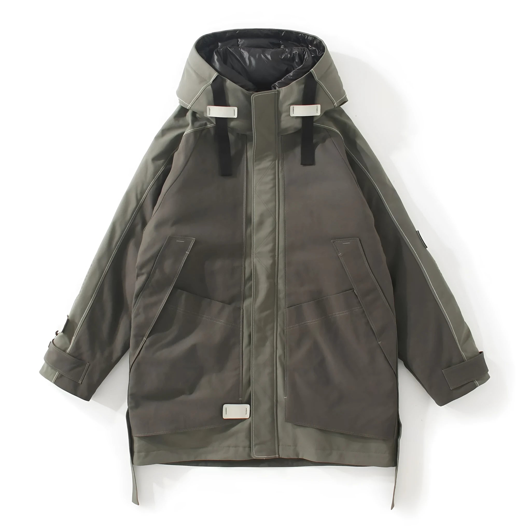 Men's hooded down jacket in apricot, loose medium-length cut, white duck down filling, front zipper