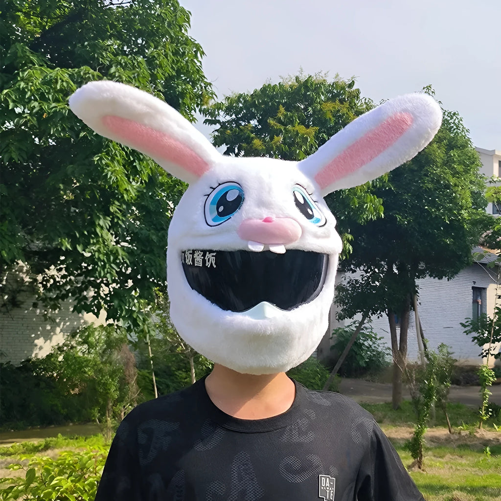 White rabbit head helmet cover for electric motorcycles with long ears and plush material