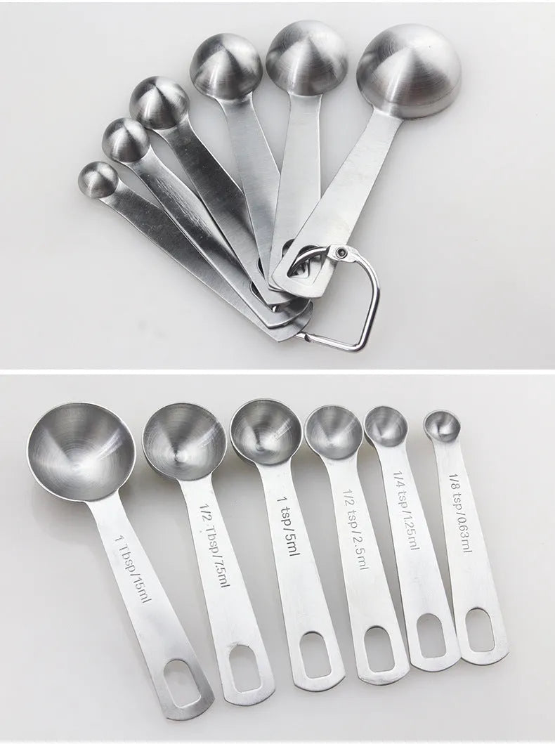 Set of 6 18/8 stainless steel measuring spoons with engraved US metric markings and D-shaped ring