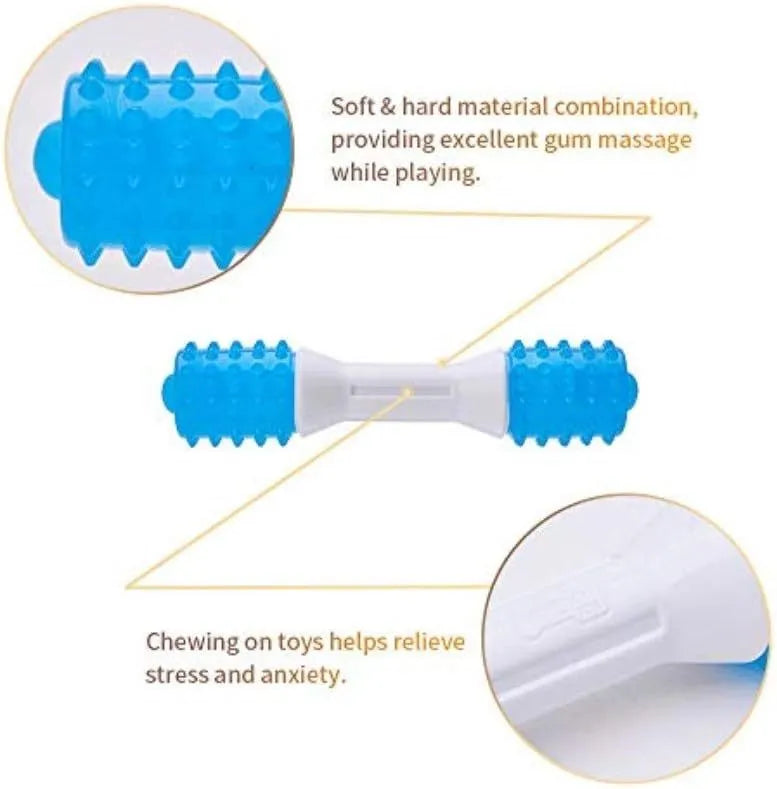 Dual-colour rubber puppy teething chew toy in small, medium, and large sizes for dogs.