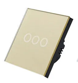 Touch-operated light switch with tempered glass panel in black, golden or white finish
