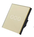 Touch-operated light switch with tempered glass panel in black, golden or white finish