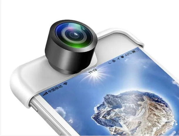 Panoramic camera lens accessory attached to iPhone for 360-degree photography