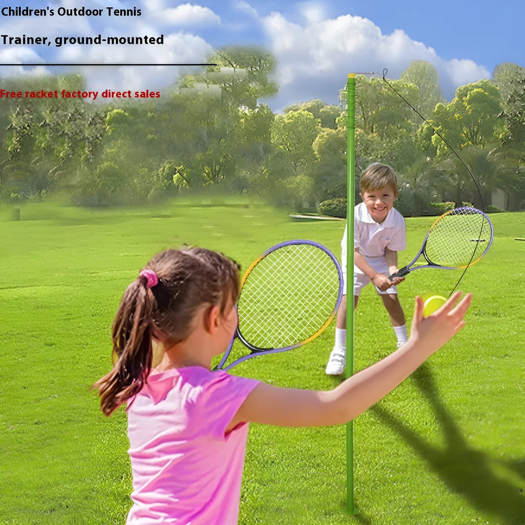 Single tennis trainer with rope, rotating racket, 161cm iron pole, base type or ground plug, ball with string.