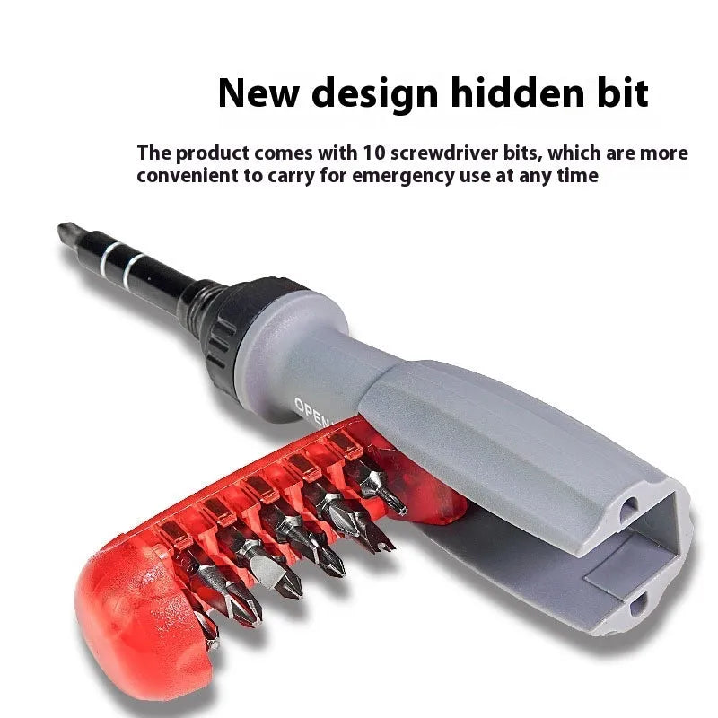 Ratchet screwdriver with retractable shaft, chrome vanadium steel bits, and ABS handle