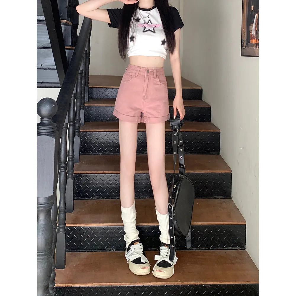 Women's high waist loose fit cotton denim shorts in black, pink, khaki, and white, sizes S to 5XL