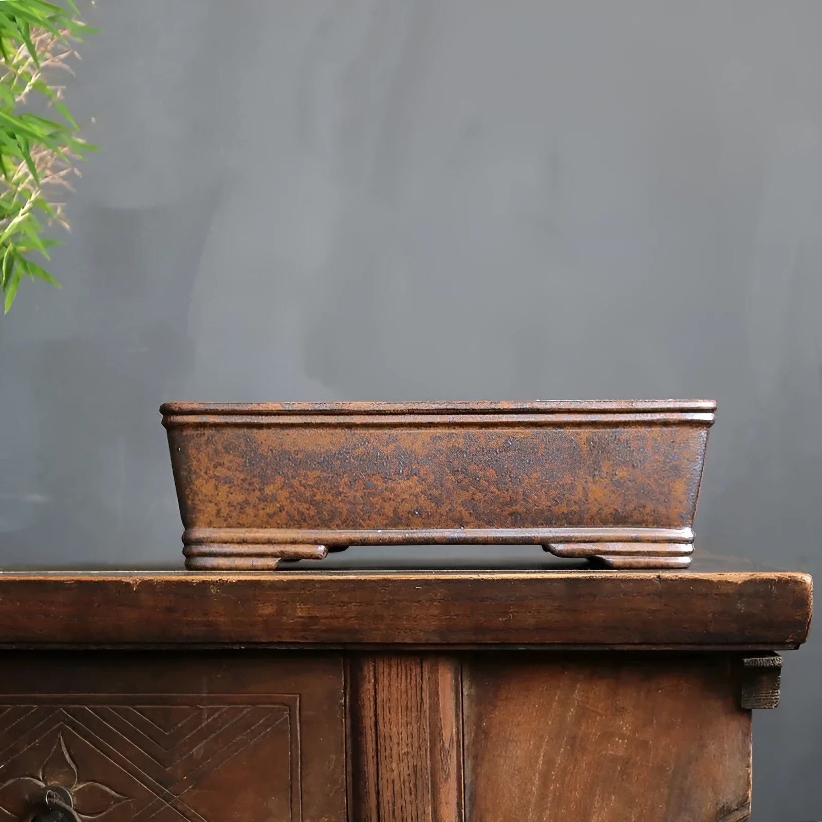 Rectangular purple sand bonsai pot with five-line pattern, shown with a pine tree, showcasing large and small size options.