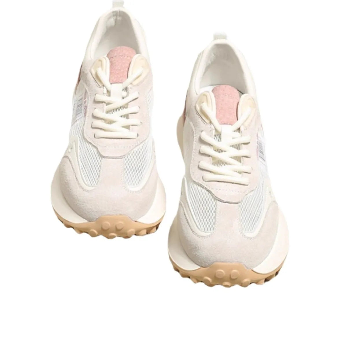 Women's grey and pink retro sneaker with low-top design and round toe