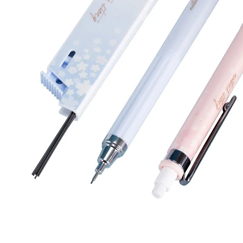 Cartoon sakura design automatic pencil set with three pencils and boxes of HB refills.