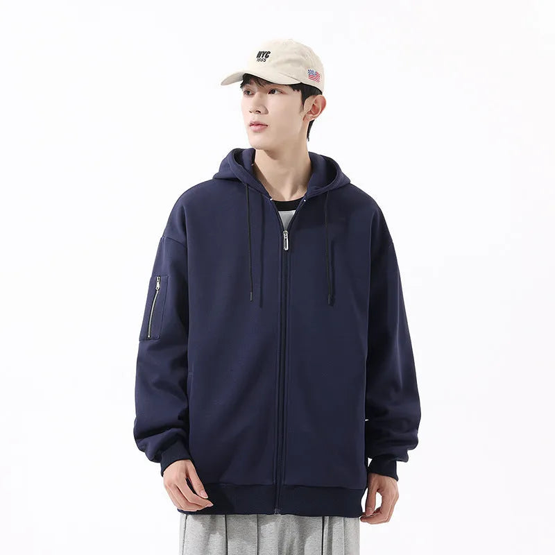 Loose hooded cardigan for teenagers in solid black, unlined polyester fibre, relaxed fit, front view