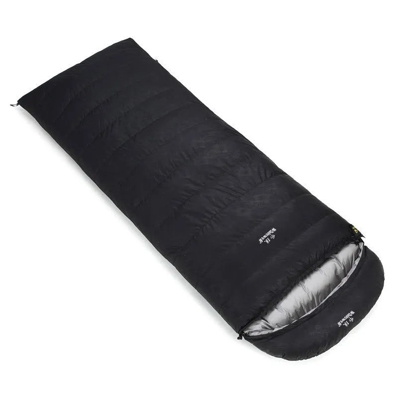 Black outdoor sleeping bag with envelope design, filled with white goose down for cold weather camping.