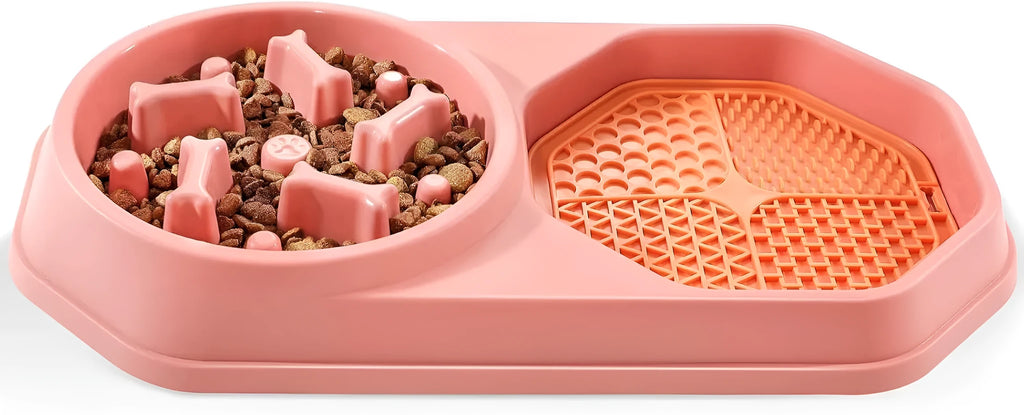 Blue slow feeder dog bowl with maze pattern for interactive feeding, showing non-slip pads on base.