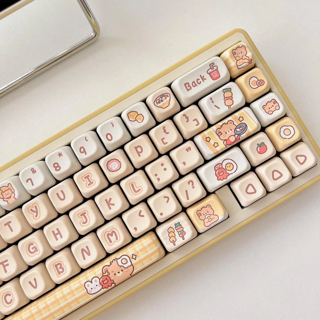 Rabbit Bear Restaurant themed PBT plastic keycap set with 140 keys for mechanical keyboards.
