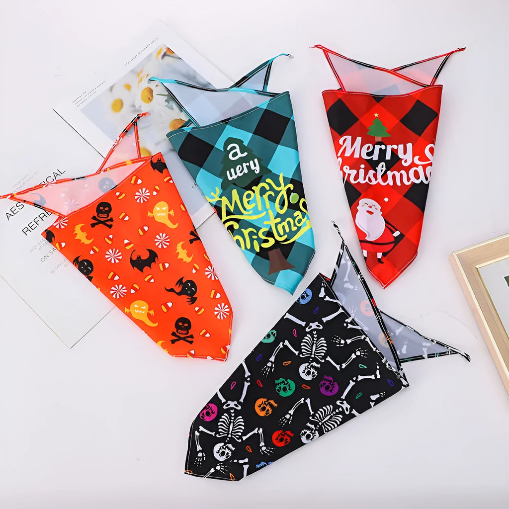 Halloween themed nylon pet scarf with cartoon print available in cutting and folding sizes for dogs and cats