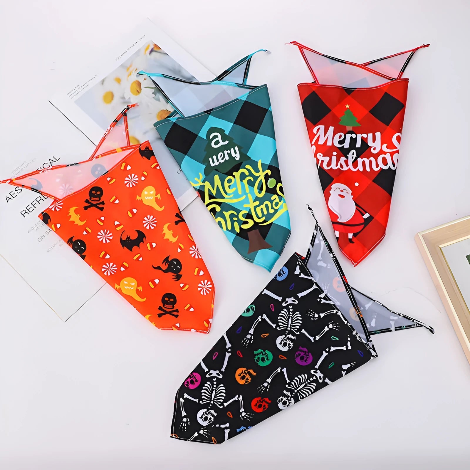 Halloween themed nylon pet scarf with cartoon print available in cutting and folding sizes for dogs and cats
