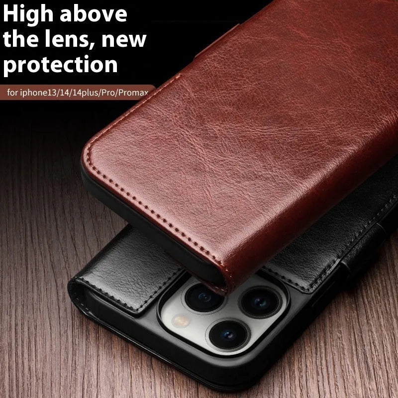 Genuine leather magnetic flip phone case for iPhone 13 and iPhone 14 models in black, brown or colour matching