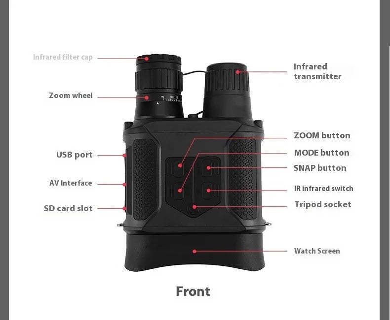 NV400B infrared night vision binocular in black, 75mm objective lens, 22cm x 14cm x 6cm