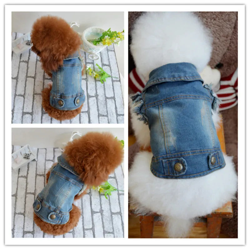 Denim dog vest with retro scratch pattern in dark and light colours for small dogs
