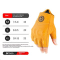 Yellow genuine leather motorcycle gloves on display showing retro biker style with stitched detail