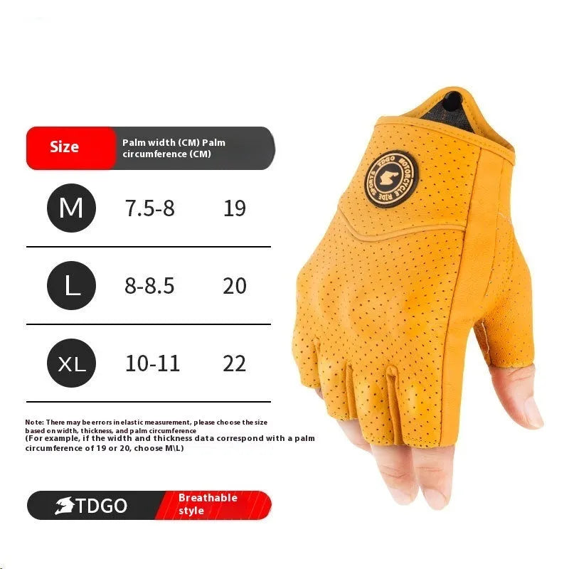 Yellow genuine leather motorcycle gloves on display showing retro biker style with stitched detail