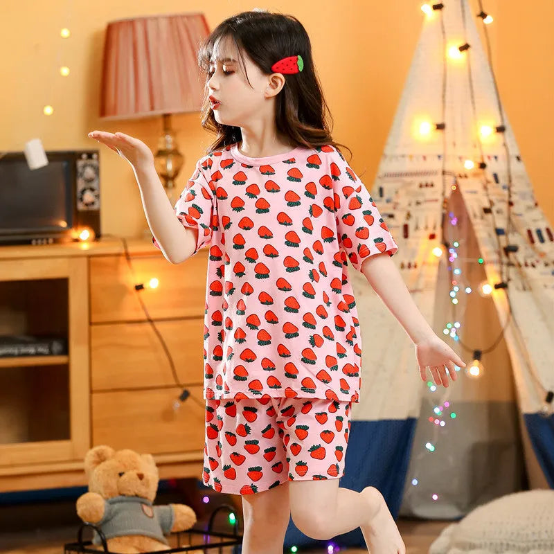 Cotton children's summer short-sleeved homewear set with cartoon strawberry pattern for kids