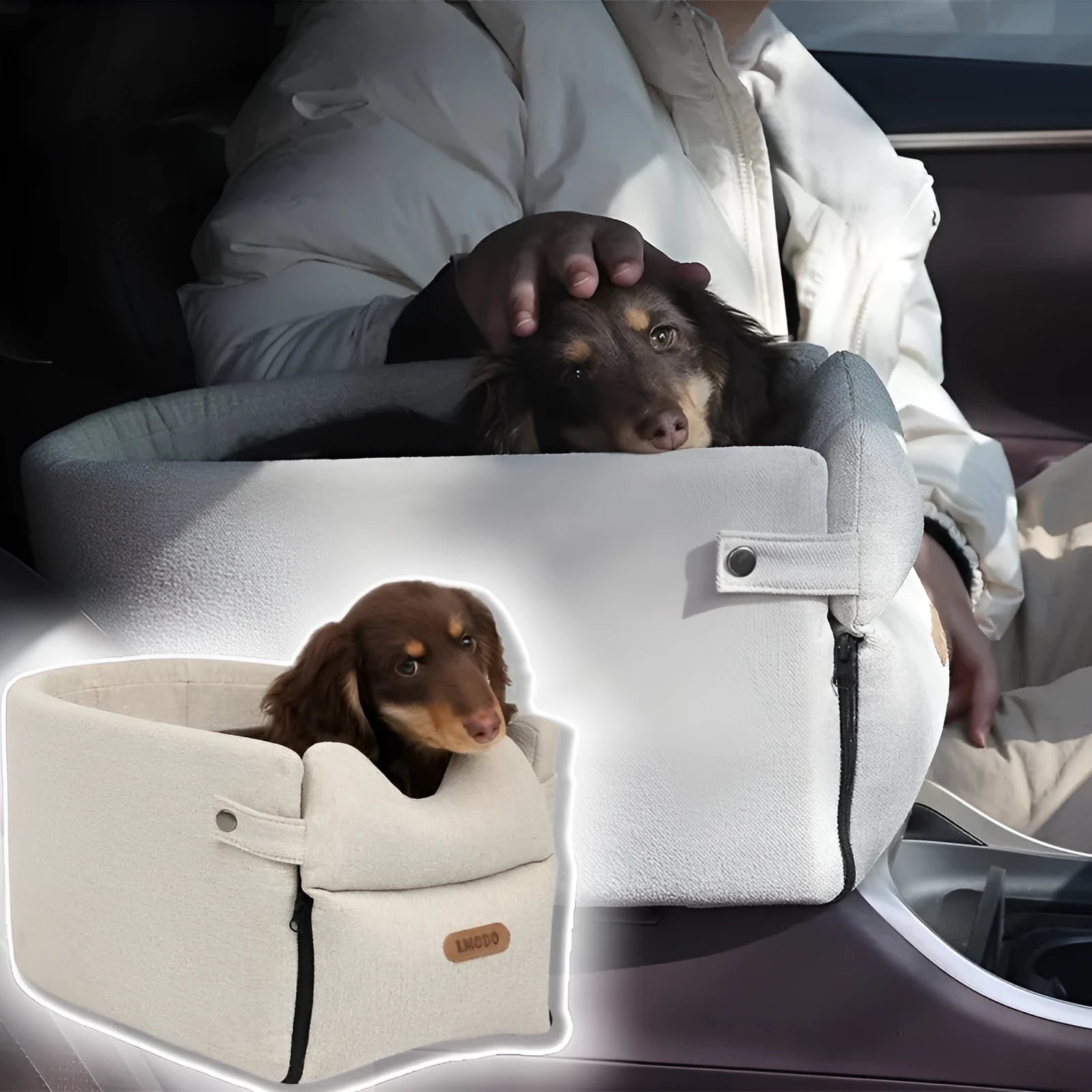 Car Central portable dog car seat bed carrier in creamy white and gray for small dogs and cats