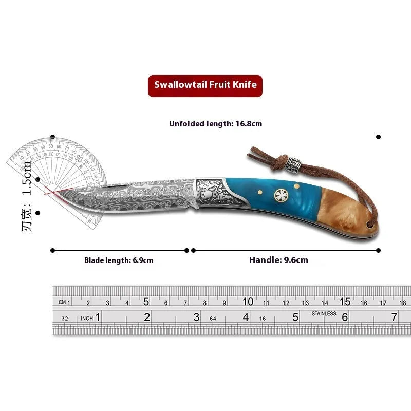 VG10 folding mini outdoor knife showing stainless steel blade and dovetail pattern in blue or red