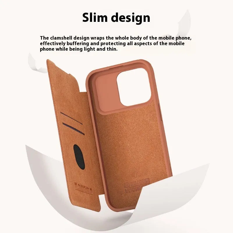 Imitation leather flip phone case for iPhone 15 in black, brown, and red colour options.