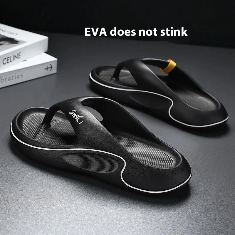 Men's open-toe EVA beach slippers with thick injection-moulded sole in black, khaki, or white, sizes 38-45