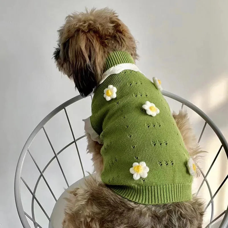 Green flower blossom pattern knit dog sweater shown on a small dog, with size chart for XS S M L XL.