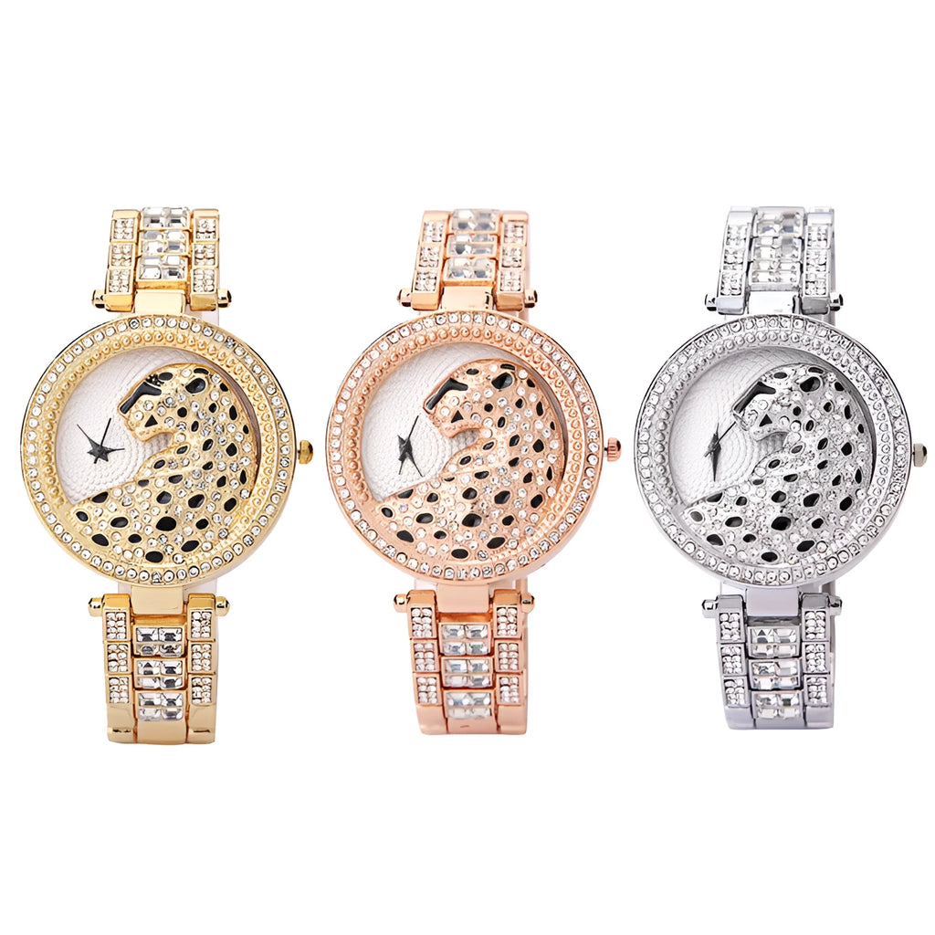 Women's quartz watch with three-dimensional diamond leopard-print dial, 39.5mm round alloy case, titanium case back, and alloy strap