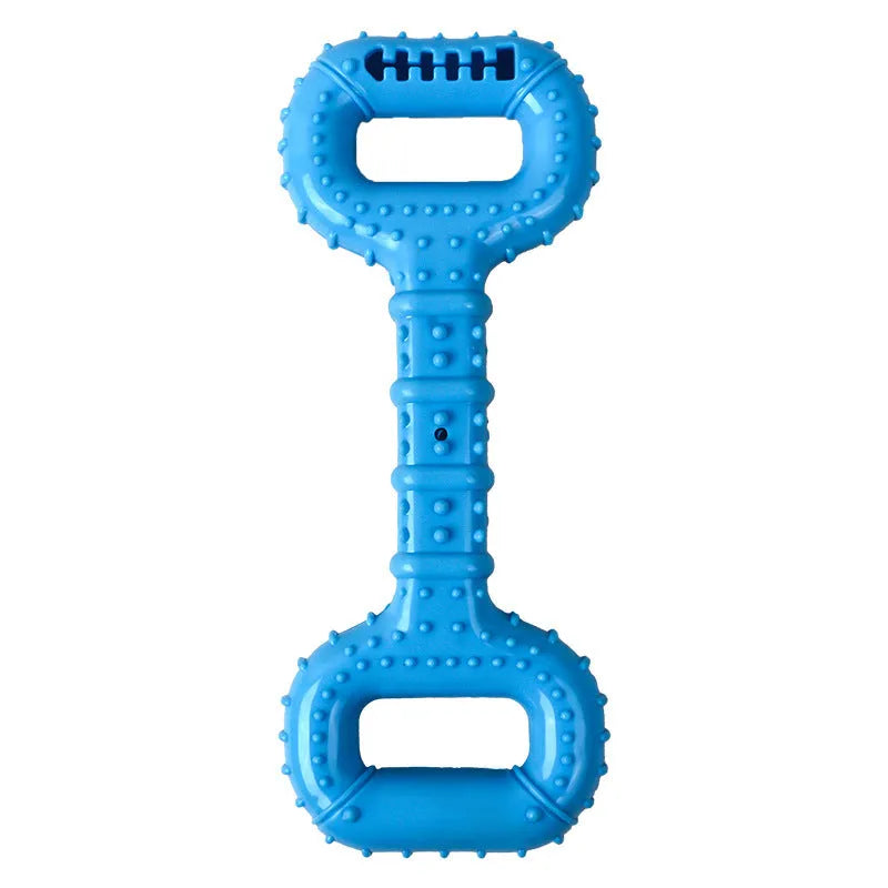 Blue dog bone toy with pull band for aggressive chewers
