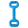 Blue dog bone toy with pull band for aggressive chewers