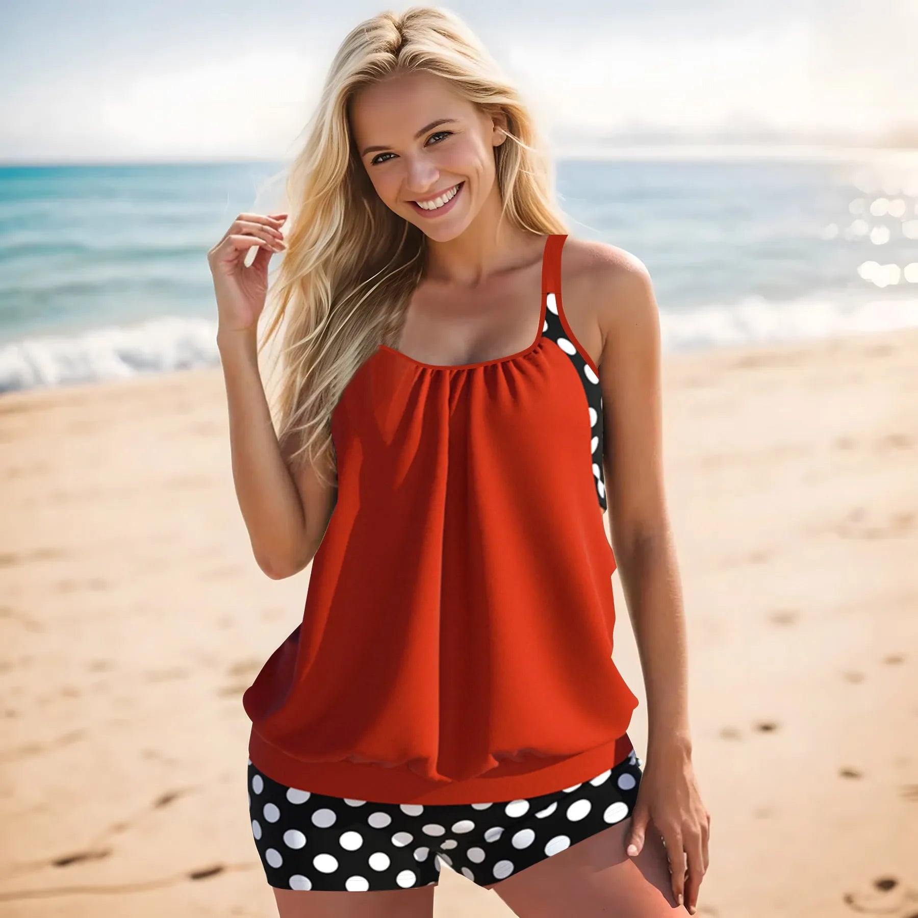 Women's high-waist polka dot boxer swimsuit brief in polyester fabric for swimming and sports.