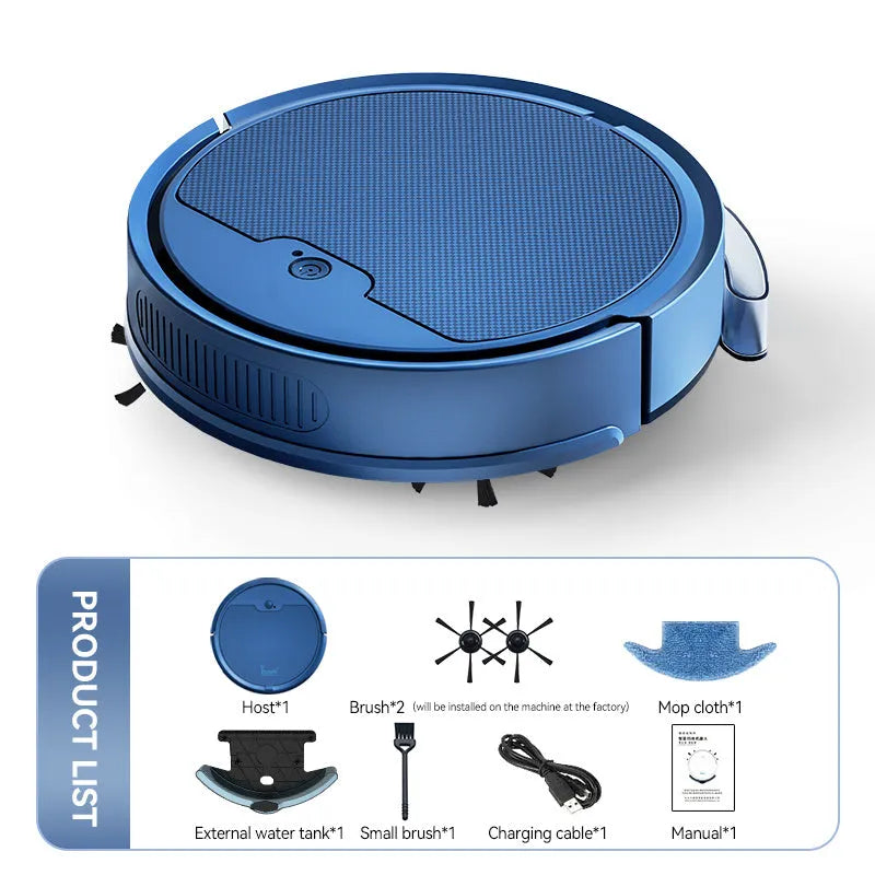 Intelligent sweeping robot with large water tank and 2000 Pa suction in black on hardwood floor