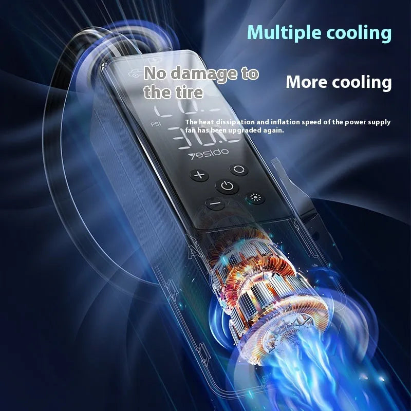 Portable 12V car tyre inflator pump in black with LED light and pressure gauge, model VC05.