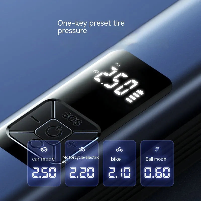 Wireless digital car inflator with vacuum cleaner function and emergency lighting