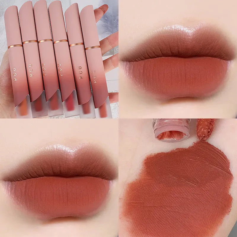 Lip and cheek blush matte non-stick velvet lip glaze in six shades including White Peach Cheese and Ebony Rose