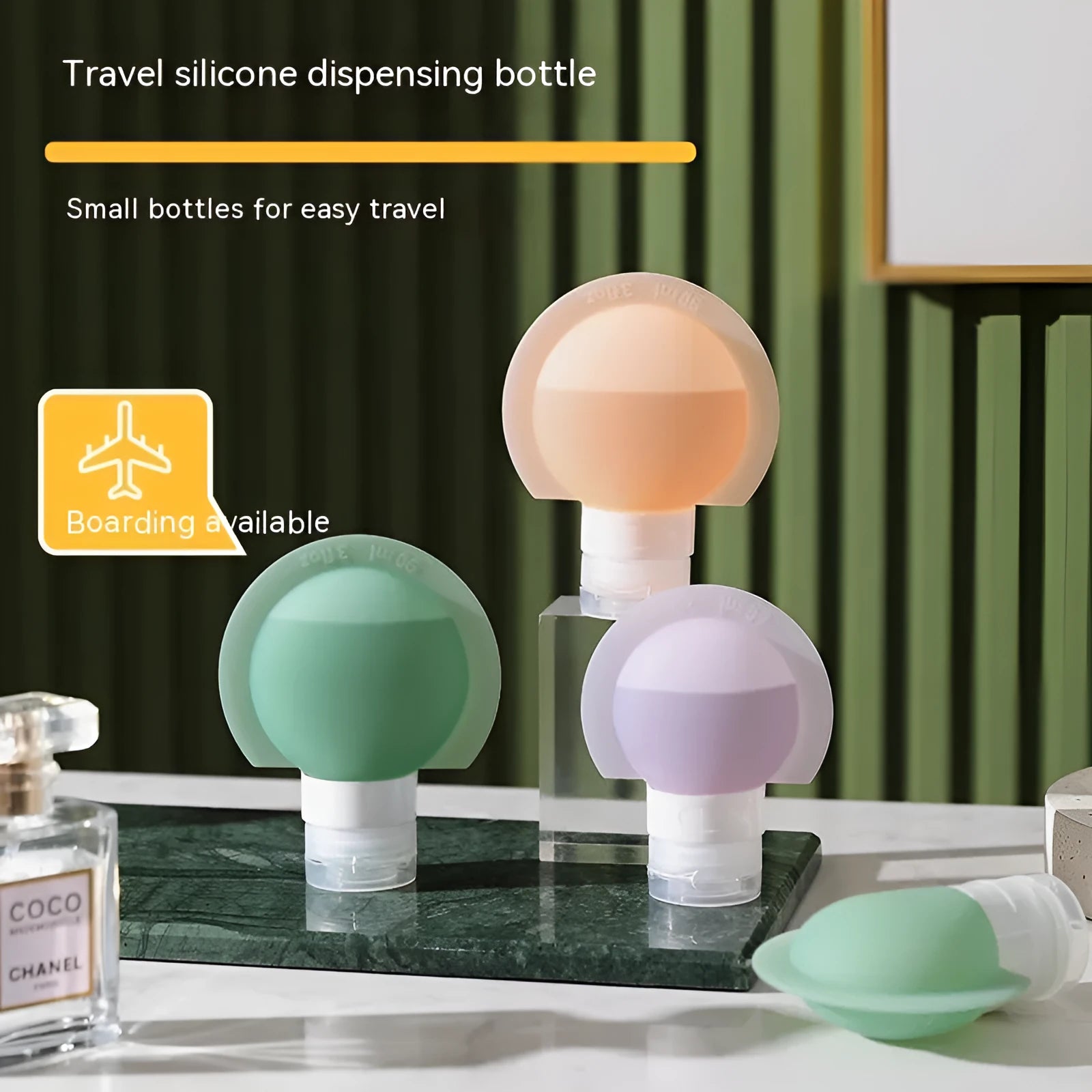 Set of three mixed colour silicone travel storage bottles with stickers, 60ml or 90ml capacity