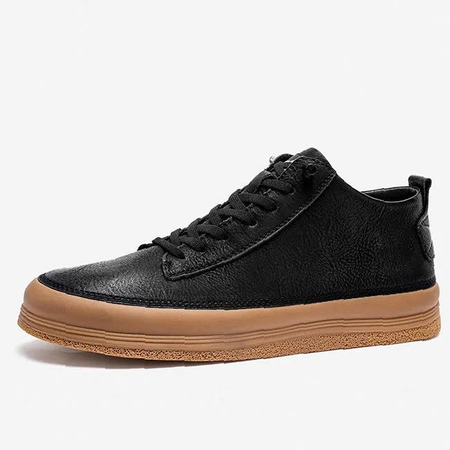 Men's black leather casual shoes with a round toe, flat heel, and lace-up closure on a rubber sole.