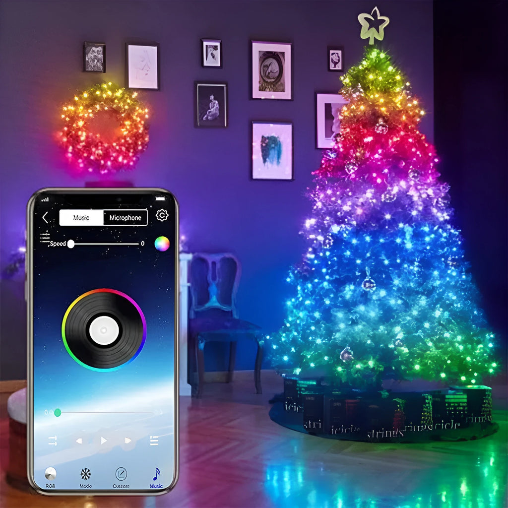 Copper wire curtain light string with smart phone control showing warm white LED lights
