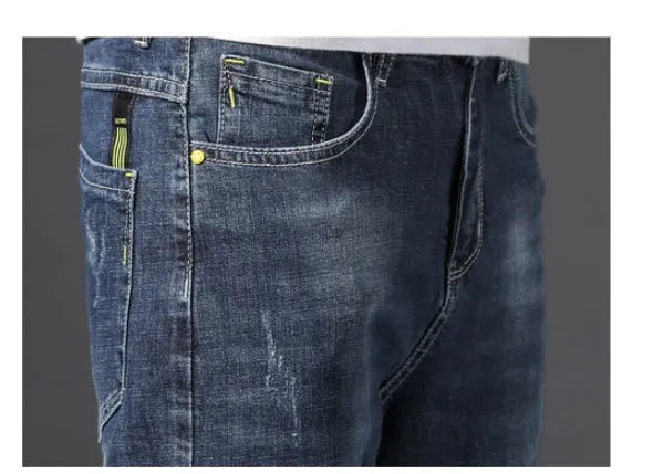 Nine Cent stretch and trim men's jeans straight leg Korean style cotton trousers in blue with washed grinding white finish