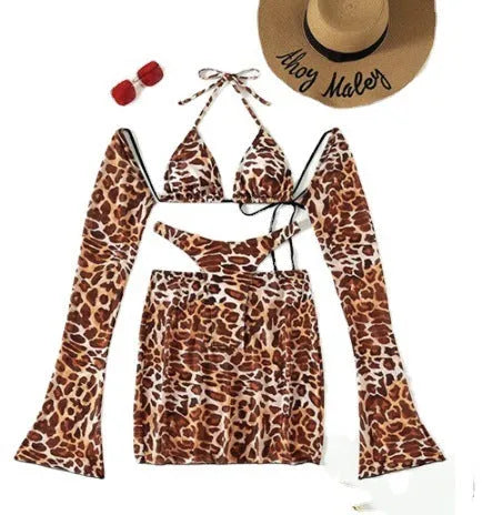 Women's leopard print bikini swimsuit set with matching skirt in split design