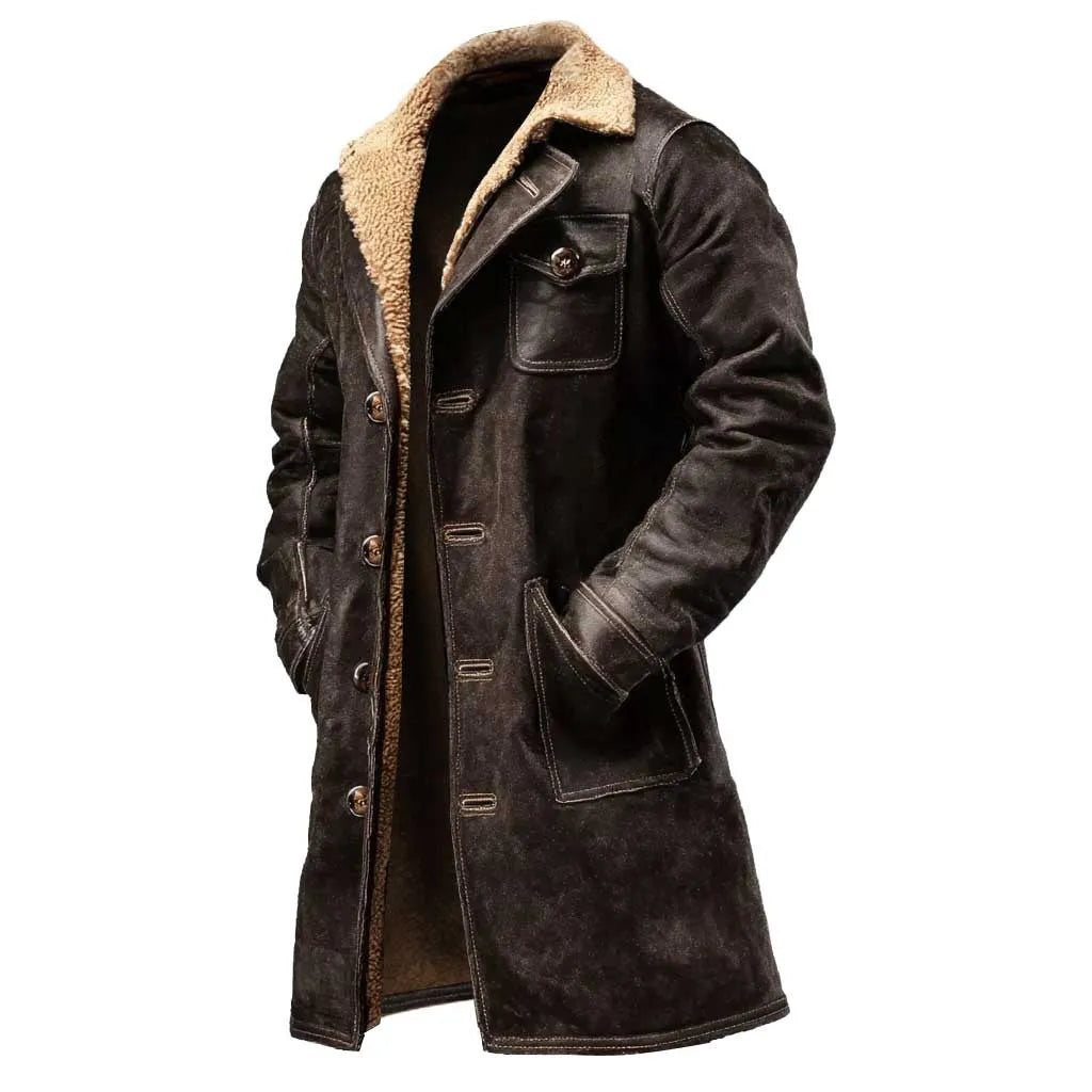 Men's vintage dark brown suede jacket with long sleeves and polyester lining, front view, on plain background.