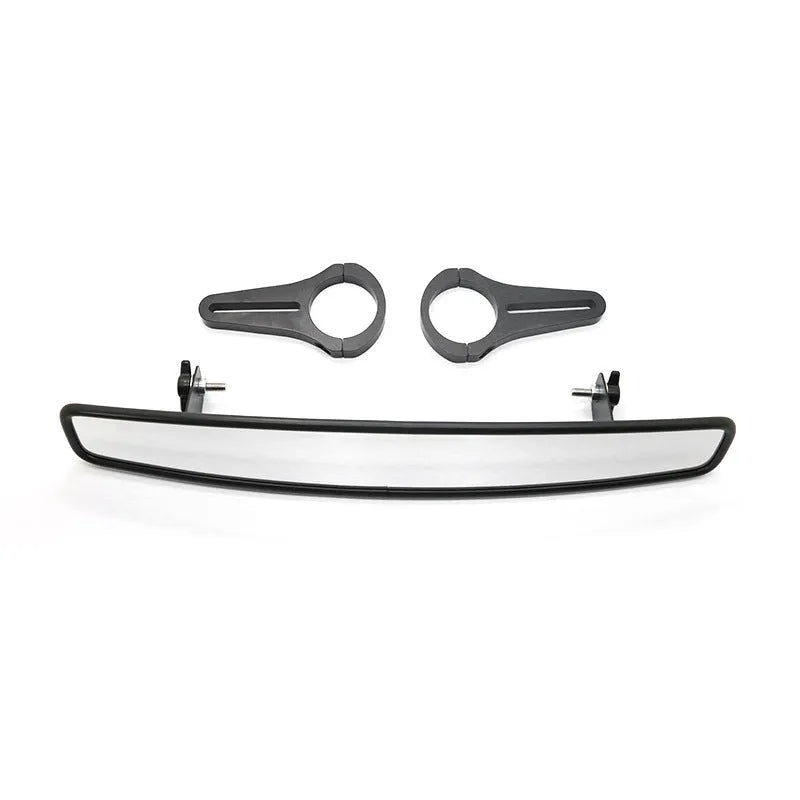 Black off-road wide-angle rearview mirror mounted on Polaris RZR roll cage