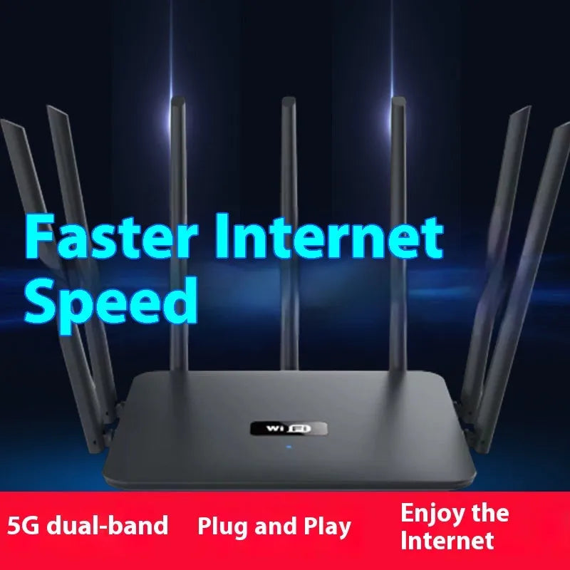 Black and white dual-band 5G gigabit router with multiple antennas for through-wall WiFi coverage