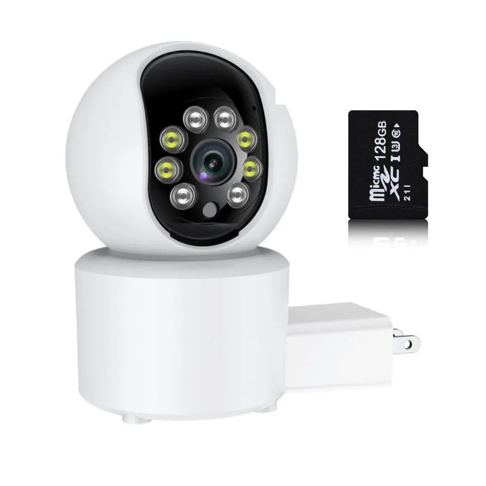 White indoor WiFi security camera with 360-degree rotation capability on stand