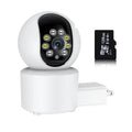 White indoor WiFi security camera with 360-degree rotation capability on stand